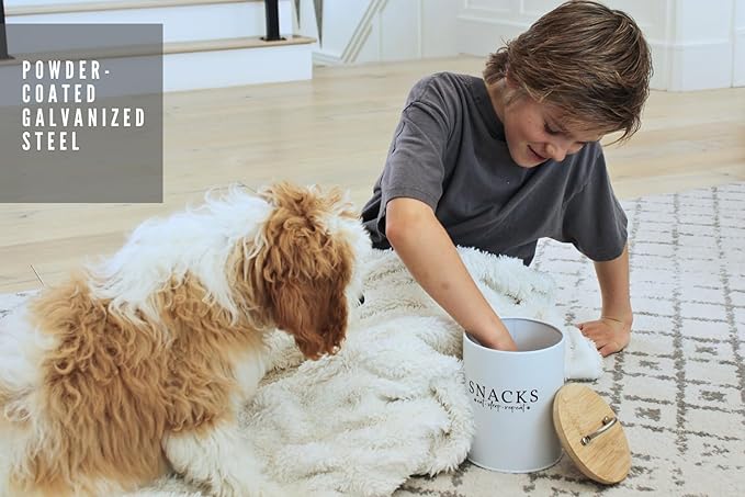 White Dog and Cat Treat Container with Easy to Open Bamboo Lid, 8.5 cups/ 70 fl oz.