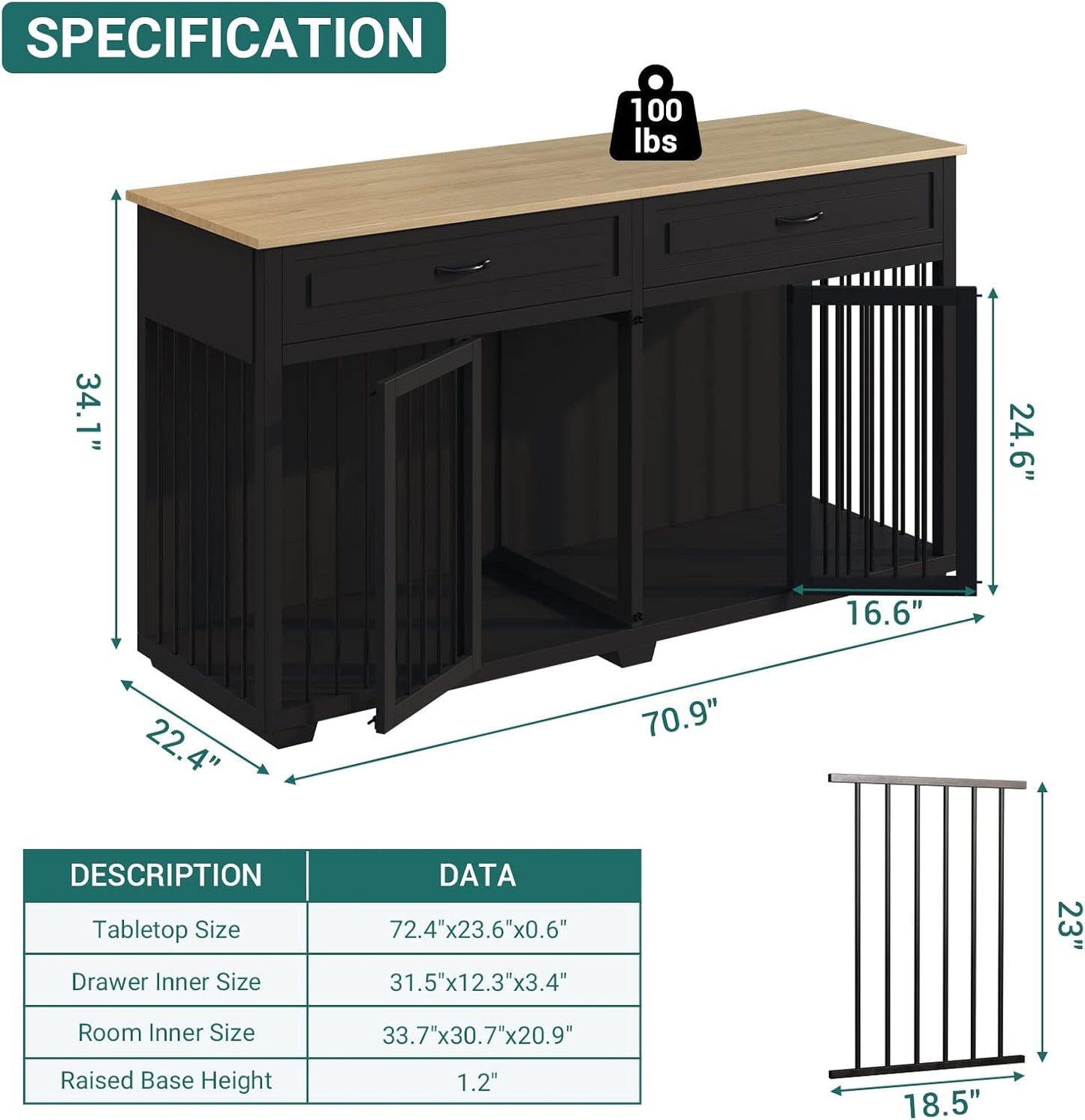 Large Dog Crate with Double Rooms, 72" Heavy Duty Wooden Dog Cage Furniutre Dog Crate Kennel w/Drawers & Removable Divider,Indoor Luxury Dog House for Large Dogs,Black