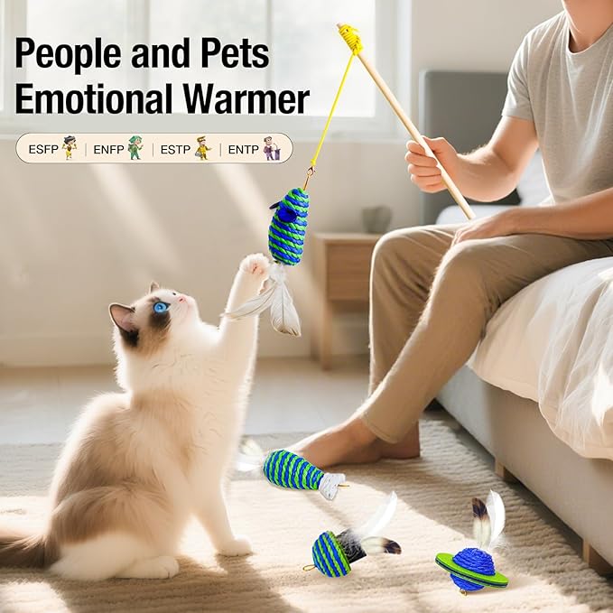 UTEE Pet Simulation Feather Toy Set Interactive Cat Toy with Mini Bell, Cat Teaser and Eco-Friendly Materials to Stimulate Play and Enhance Intimacy (Green and Blue)