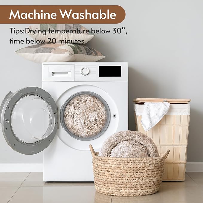 JOLLYVOGUE Small Dog & Cat Beds for Indoor Cats, Donut Cuddler Warming Soft Dog Beds with Anti-Slip Bottom, Round Calming Fluffy Plush Faux Fur Cushion Bed for Small Dogs (20")