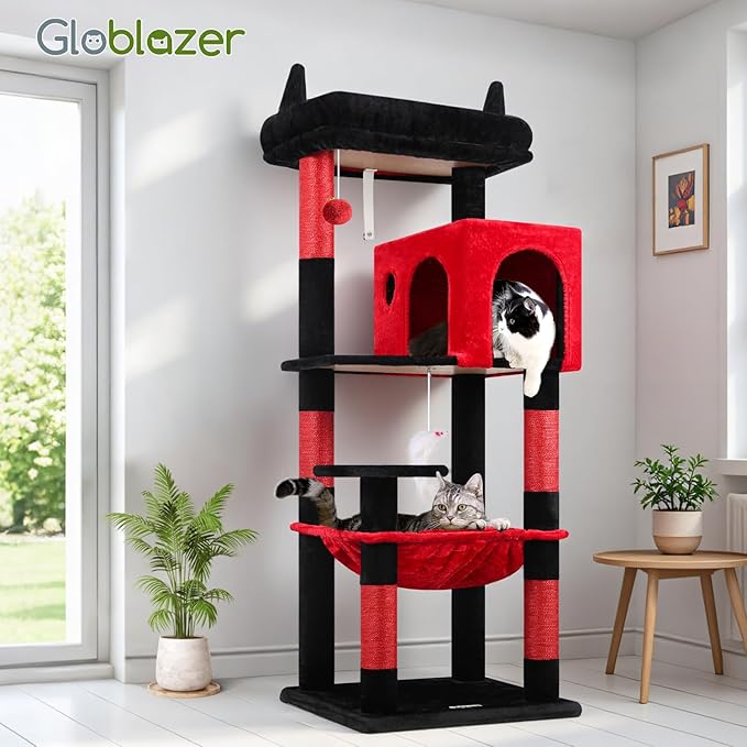Globlazer Gothic Cat Tree Tower with Scratching Post for Indoor Cats, 53inch Tall Plush Multi-Level Cat Climbing Tower Condo with Large Hammock, Spacious Cat Cave, Padded Top Perch, F53, Red Black