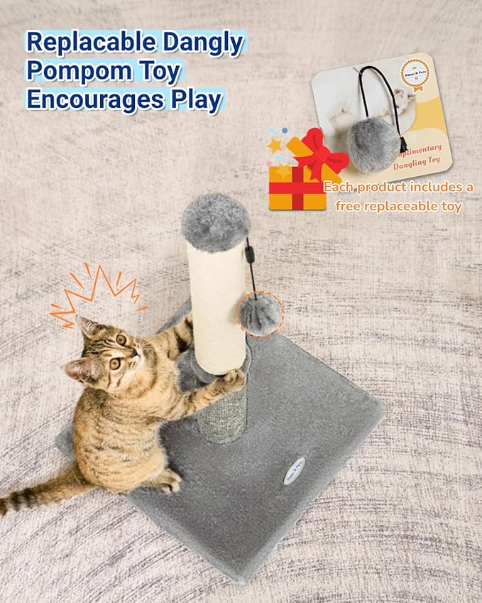 Happi N Pets Cat Scratching Post, Cat Scratcher for Indoor Cats, Sisal Scratching Post & Carpet Post in One, Stable Kitten Scratching Post with Replaceable Toy, Extra Free Toy, Light Gray