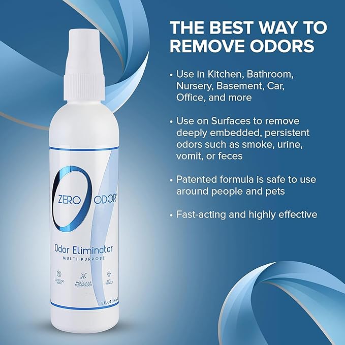 Zero Odor Multi-Purpose Odor Eliminator - Eliminate Air & Surface Odor – Patented Technology Best for Bathroom, Kitchen, Fabric, Closet- Smell Great Again, 8oz (Over 1000 Sprays)