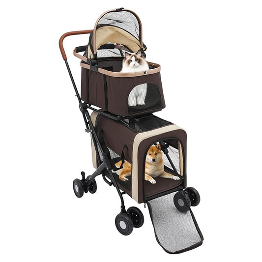 Double Pet Stroller with Detachable Carriers, Large Cat & Dog Stroller with 4 Wheels, Foldable Pet Strollers Small & Medium Dogs Cats 77lbs (Coffee Color)