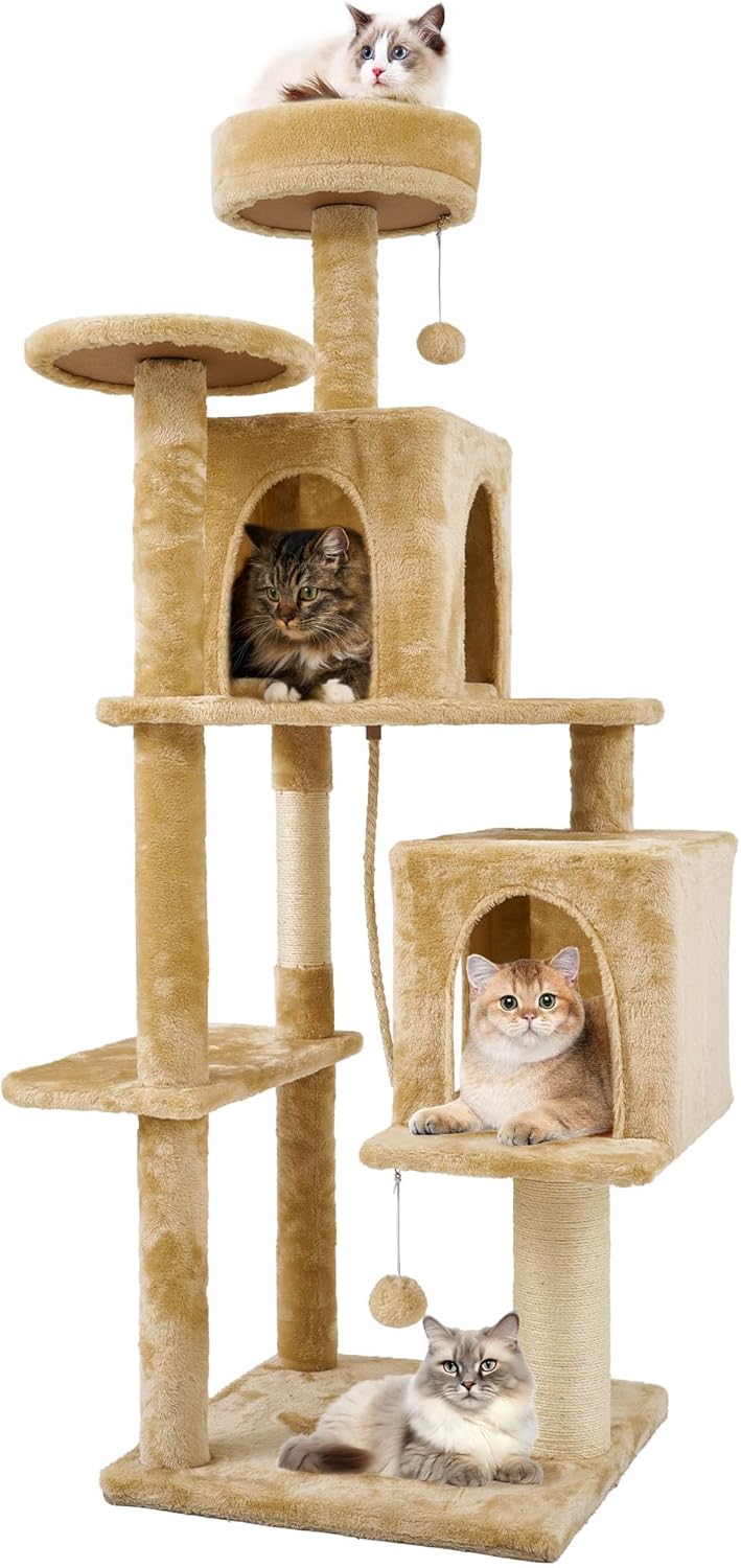 59in Large Cat Tree Tower for Indoor Cats with Soft Plush Hang Ball, Two Condos, Sisal Scratch Posts & Rope Play for Kittens/Adult Cats, New Beige
