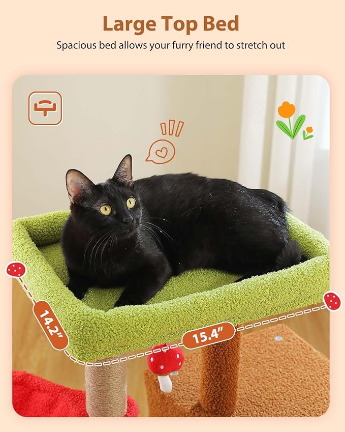 Mushroom Cat Tree with Sisal Scratching Posts, 35.4" Cute Cat Tower Cat Condo w/Large Green Top Perch, Soft Red Hammock, and Mushroom Dangling Ball, for Small-Medium Cats, Brown