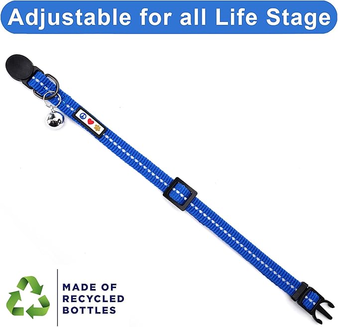Pawtitas Recycled Blue Reflective Cat Collar – Eco-Friendly Breakaway Safety Buckle, Adjustable Kitten & Adult Collar with Removable Bell and High-Visibility Strap