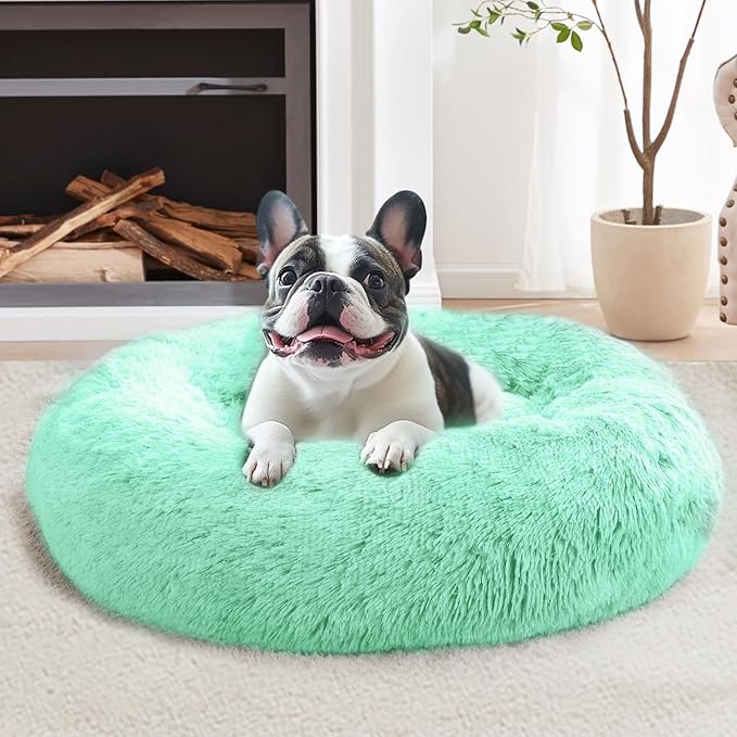 JOLLYVOGUE Small Dog & Cat Beds for Indoor Cats, Donut Cuddler Warming Soft Dog Beds with Anti-Slip Bottom, Round Calming Fluffy Plush Faux Fur Cushion Bed for Medium Dogs (27", Mint Green)