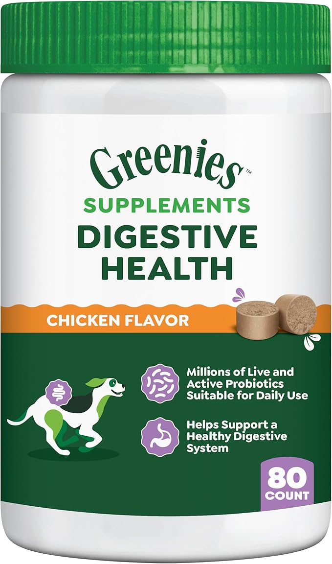 Greenies Supplements Digestive Health Probiotics for Dogs Chicken Flavor, 15.6 oz. Tub of 80 ct.