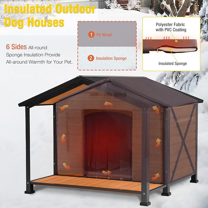 Aivituvin Outdoor Dog House with Chewproof Strong Metal Frame Insulated Outside Dog Kennel Weatherproof for Medium to Large Dogs, (41.5" L x 41.4" D x 34.1" H)