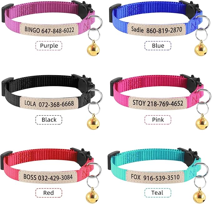 Personalized Nylon Cat Collar with Name and Phone Number, Custom UV Printed Breakaway Adjustable Collar with Bell for Cats