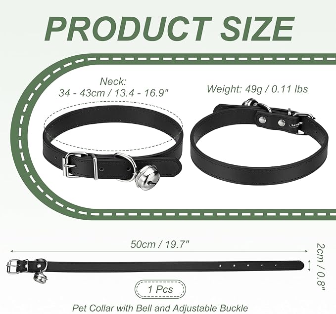 Dog Collar with Bell, Pu Leather Cat Collars Pet Basic Soft Padded Adjustable Buckle, 20" (Black, 1 Pcs), Intended for Teacup/Little Dog/Kitten Cats/Small Animals