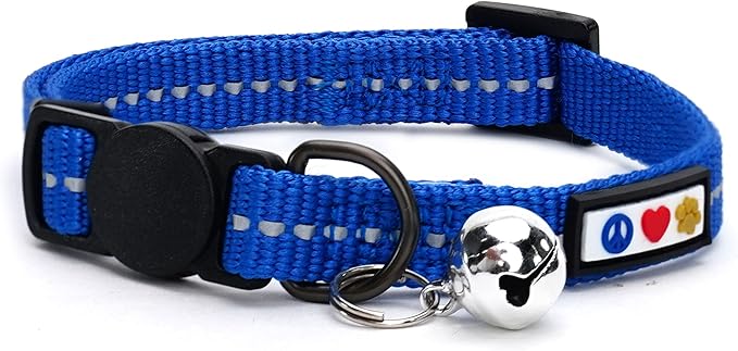 Pawtitas Recycled Blue Reflective Cat Collar – Eco-Friendly Breakaway Safety Buckle, Adjustable Kitten & Adult Collar with Removable Bell and High-Visibility Strap
