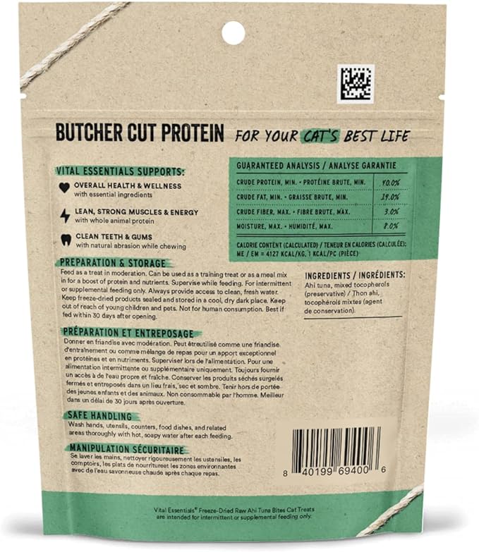 Vital Essentials Ahi Tuna Bites Cat Treats, 1.1 oz | Freeze-Dried Raw | Single Protein | Grain Free, Gluten Free, Filler Free