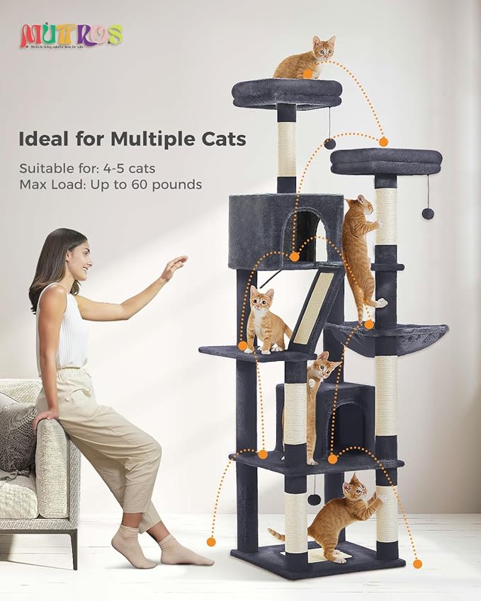 Cat Tree, 70.9-inch Large Cat Tower with 2 Condos, 2 Top Perches, Hammock & 6 Scratching Posts for Indoor Cats, Dark Gray