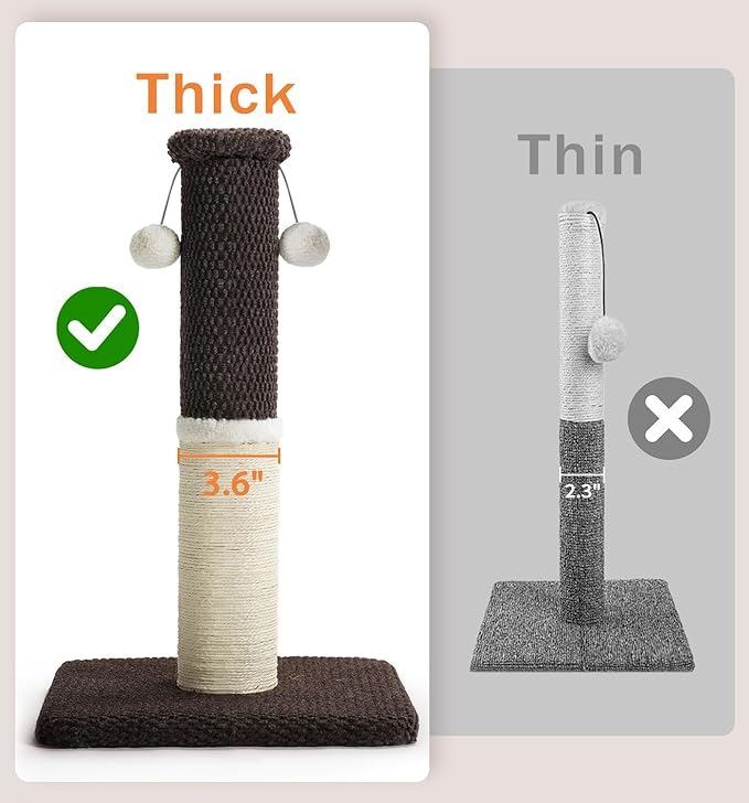 Made4Pets Tall Cat Scratching Post, Heavy Duty and Thicker Scratching Posts for Indoor Cats Adults, 23.6" Natural Sisal Cat Scratcher with Hanging Balls, Sturdy Base Cat Scratch Post, Brown