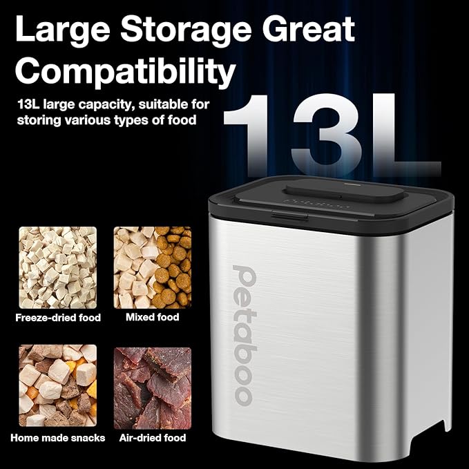 Vacuum Dog Food Storage Container,304 Stainless Steel Airtight cat food container, 13L Dry pet food storage containers for Dogs Cats Rechargeable Storage Bin with lid & Scoop