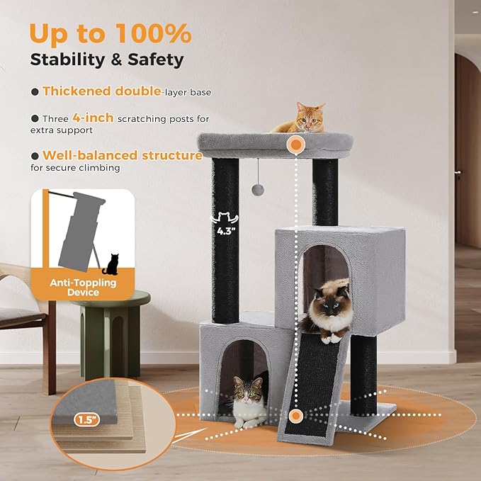 Heavy Duty Cat Tree for Indoor Cats Adult, 45-Inch Cat Tower with Sisal Scratching Ramp, 2 Cat Condo for Extra Large Cats, Big Top Perch, 3 Thick Black Scratching Posts (φ4.3) -Gray