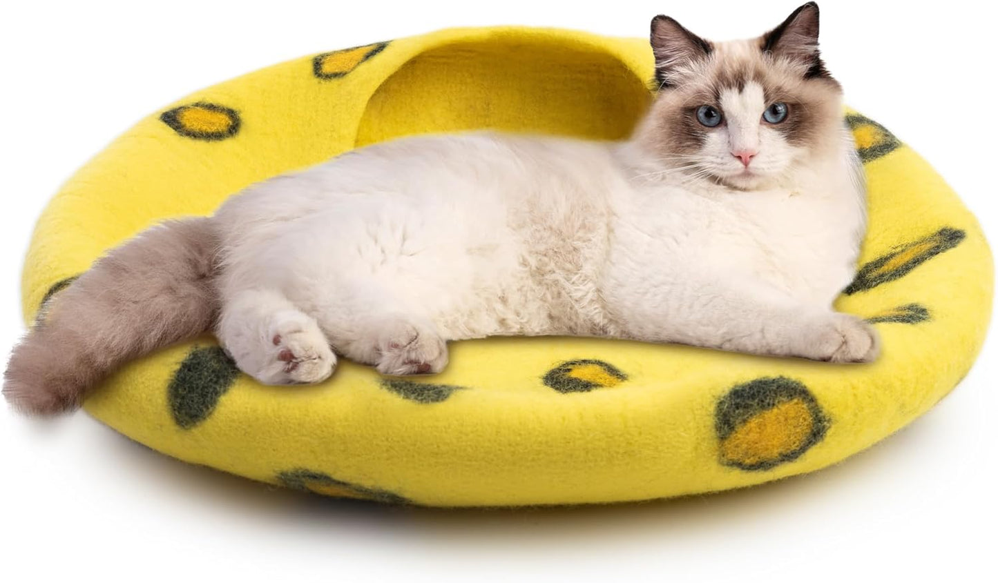 Woolygon Premium Felt Cat Cave Bed - Polka Dot Series - Wool Kitty Beds Handcrafted Kitten Caves Bed for Indoor Cats - Eco-Friendly Merino Wool, Foldable Cat Hideaway Cat Houses Pod