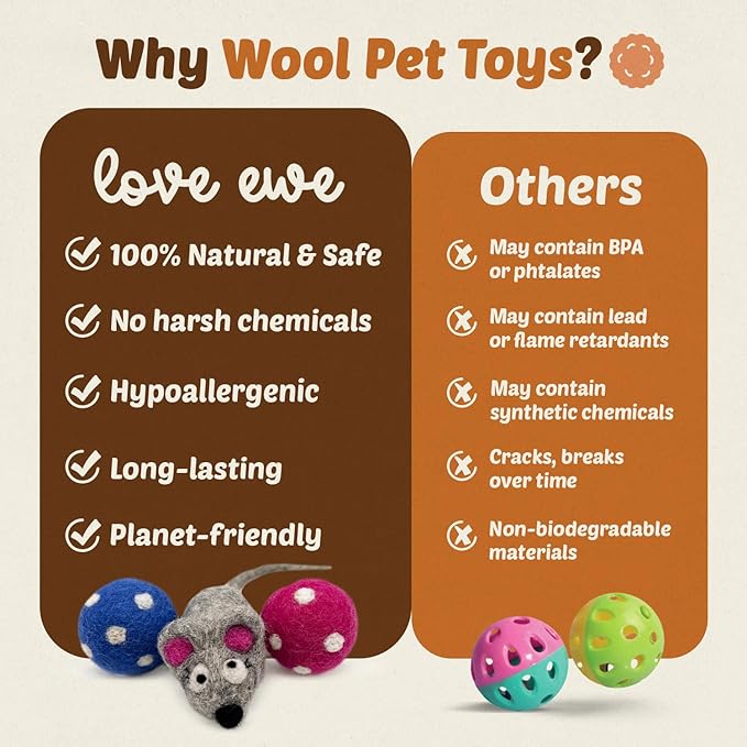 Hustle & Blush Wool Felt Balls 3 Pack Love Ewe Pet Supplies - 2 in Felted Wool Cat Toys 100% New Zealand Wools Felt Cat Toys Handmade Wools Felts Balls - Cats Felts Ball with Bell - Roll The Mice