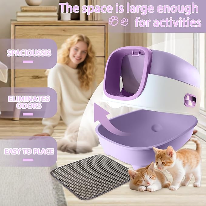 Large Cat Litter Box with Cat Litter Scoop, Foldable Litter Box with Lid, Front Entry and Exit Leak-Proof Litter Cat Box, Odor Control, Easy to Clean (Purple)