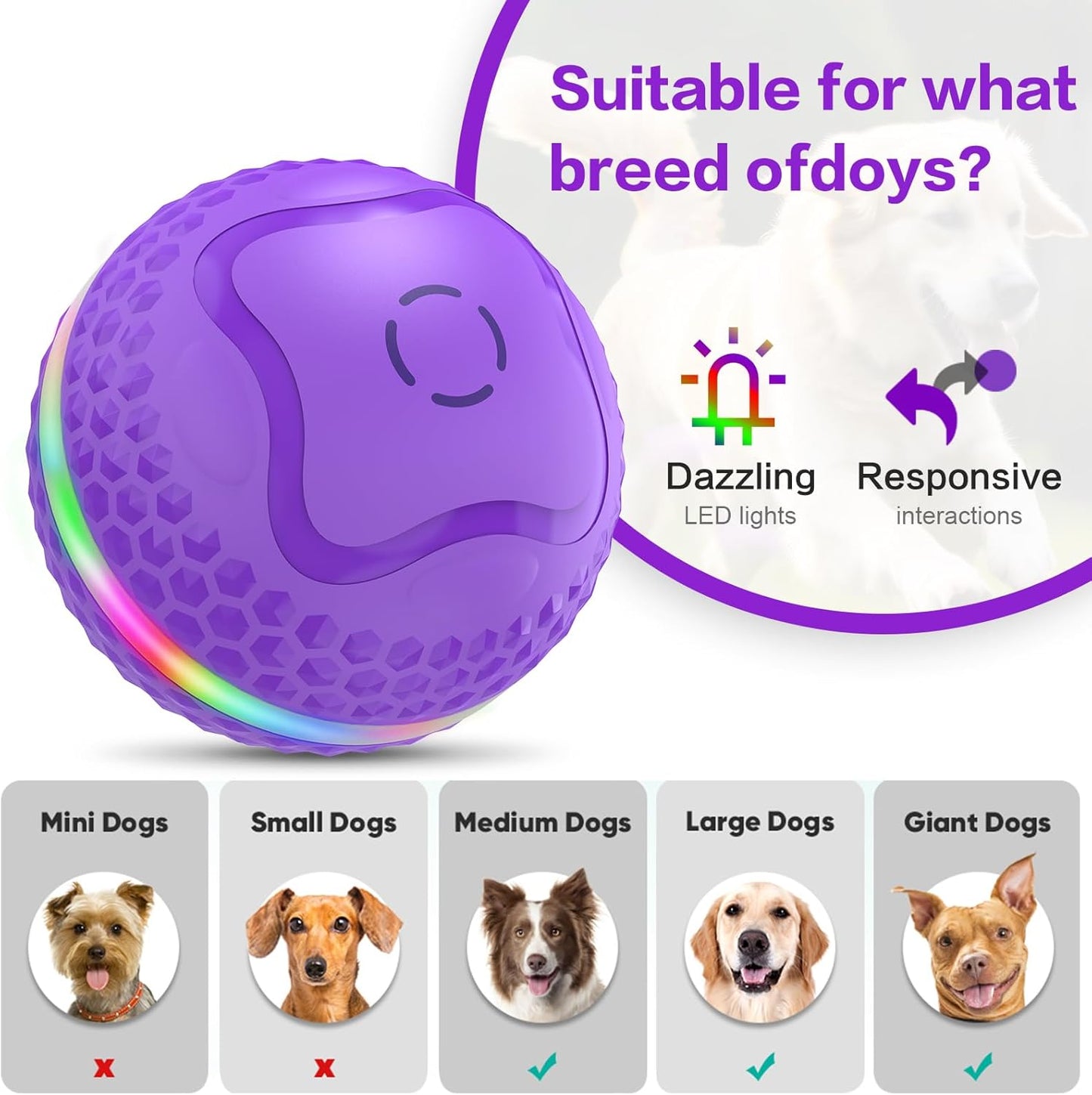 Interactive Dog Toys Ball, Automatic Rolling Toy, Lively pet Ball for Medium/Large Dogs to Relieve Boredom, Activated Automatic Motion Dog Balls Toy with LED Flash, USB Rechargeable (Purple-2)