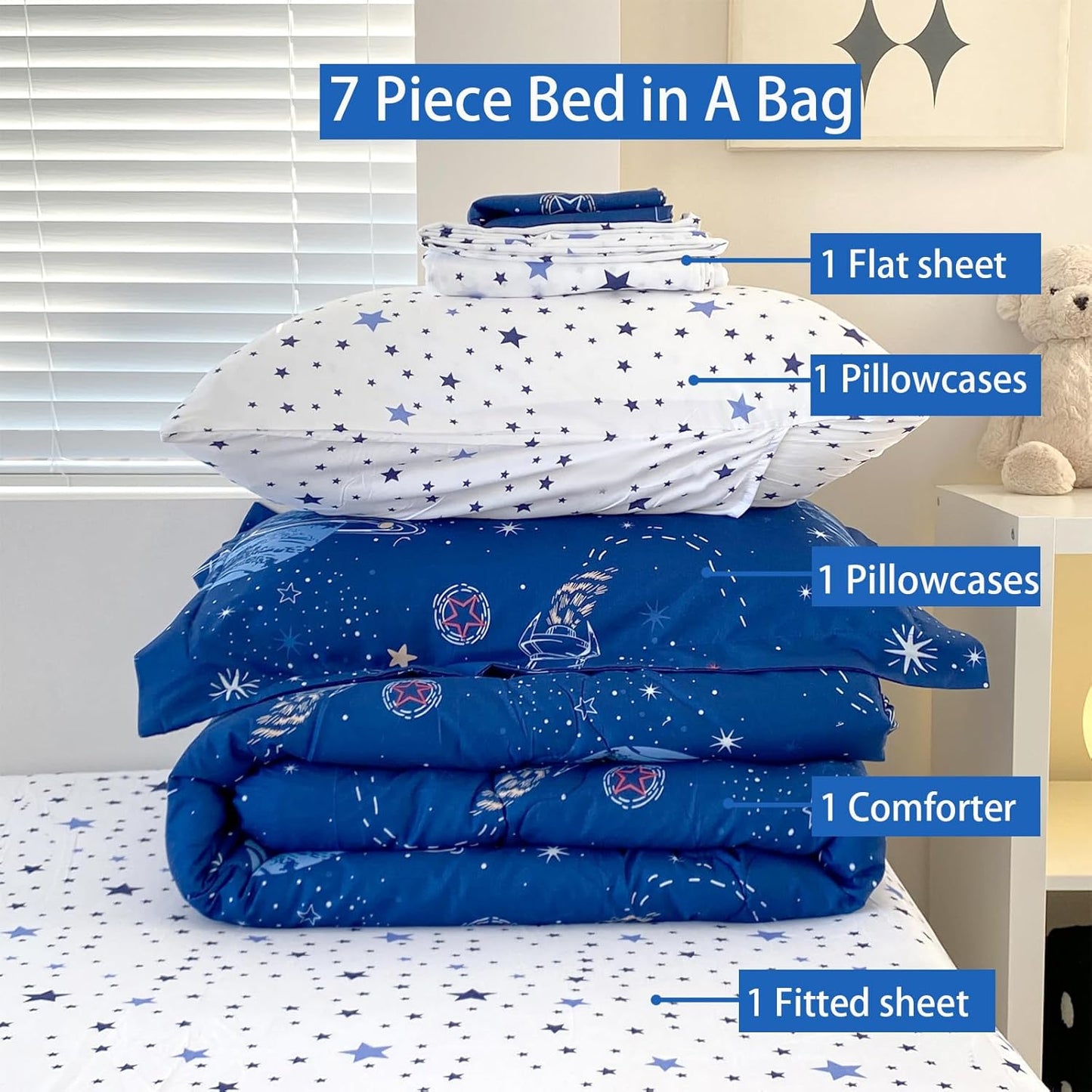 7 Piece Boys Space Comforter Set Full Size Bed in A Bag Star Rocket Galaxy Universe Planets Bedding Set for Kids Teens Girls Microfiber Blue Quilt All Season