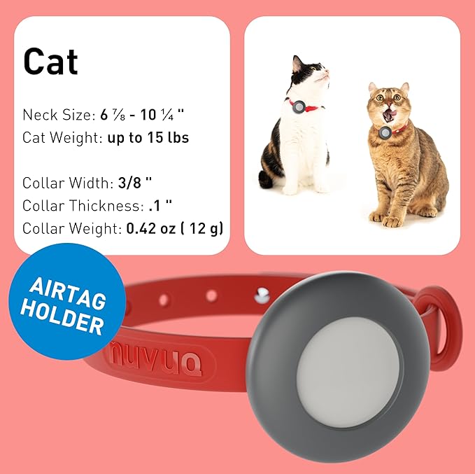 Airtag Breakaway Cat Collar - Soft, Comfortable, and Lightweight Safety Buckle Collar with Air Tag GPS Tracker Holder for Outdoor Cats and Sensitive Skin Kittens by Nuvuq (6 ⅞" to 10 ¼", Red)