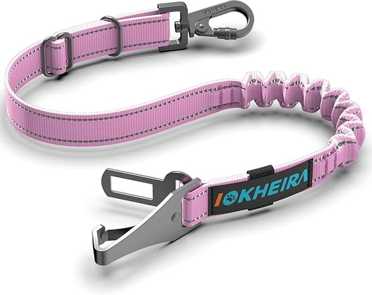 IOKHEIRA Dog Seat Belt 3-in-1 Car Harness for Dogs Adjustable Safety Seatbelt for Car Nylon Reflective Bungee Fabric Dog Car Harness with Clip Hook Latch & Buckle, Swivel Zinc Alloy Carabiner (Pink)