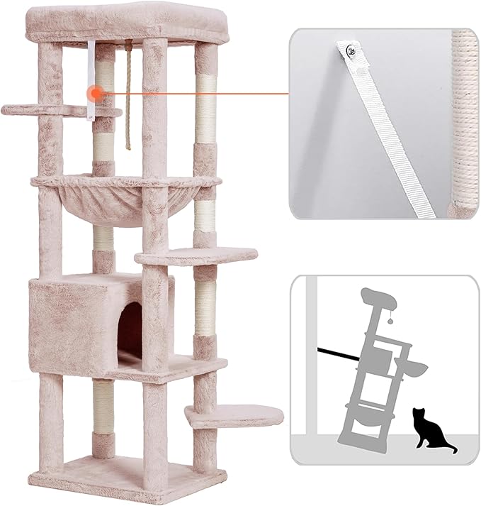 Heybly Cat Tree for Large Cats 20lbs Heavy Duty,60 inches XXL Cat Tower for Indoor Cats, Multi-Level Furniture Condo with Big Padded Plush Perch, Cozy Basket, Muchroom HCT050MU