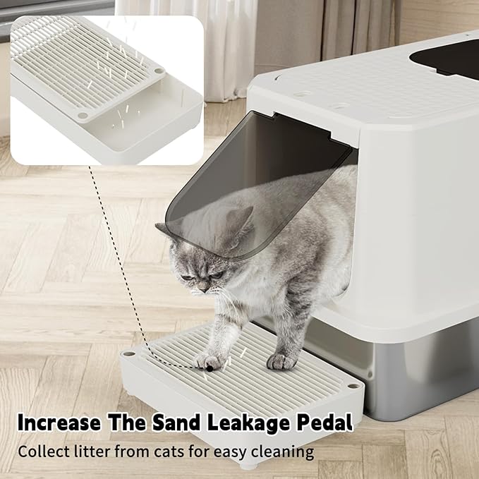 RIZZARI Stainless Steel Cat Box: Leak-Proof Large Enclosed Litter Pan Indoor Odorless Tray for Multiple Cats - Beige - for Cats Under 20 lbs - Ideal for Laundry Room Balcony
