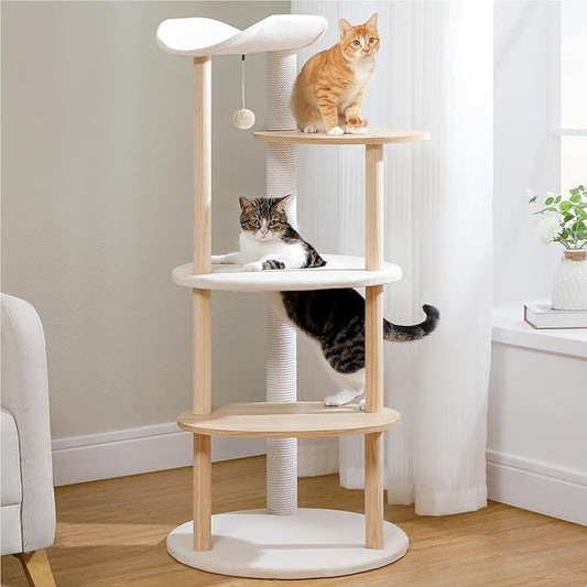 49” Wood Cat Tree Tower for Indoor Cats, 5-Level Modern Cat Tower with Curved Top Perch, Fully Cotton Scratching Posts & Natural Wood Posts, Cat Furniture with Interactive Dangling Ball, Beige