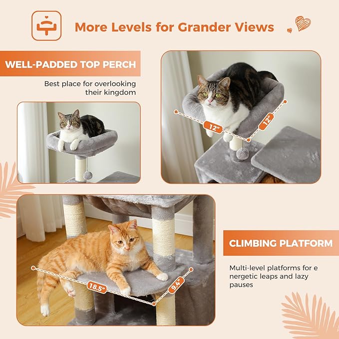 Cat Tree for Indoor Cats, 64.5" Tall Cat Tower with 2 Cozy Condos, Scratching Posts, Large Hammock and Dual Padded Perches, Multi-Level Activity Center for Large Cats, Grey