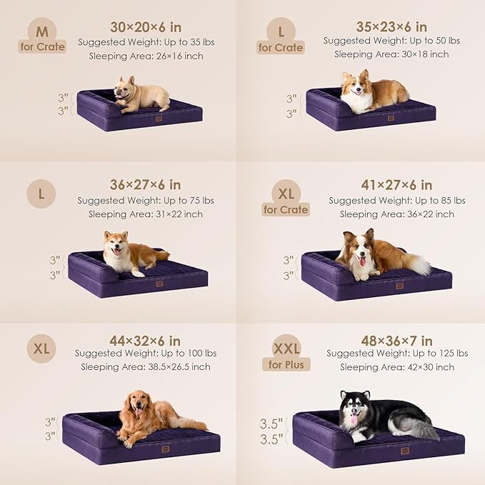 EHEYCIGA Memory Foam Dog Bed Large Sized Dogs, Waterproof Dog Bed Orthopedic with Washable Removable Cover, Non-Slip Pet Bed Couch, 36x27x6 Inches, Purple