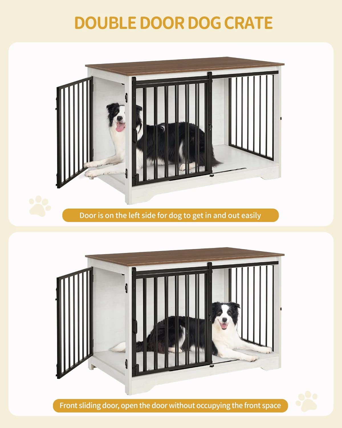39.4" Heavy Duty Dog Crate Furniture with Barn Door, Wood Indoor Dog Crate Kennel for Small/Medium/Large Dogs, End Side Table, TV Stand, Anti-Chew Anti-Escape, White Brown DFC02314B