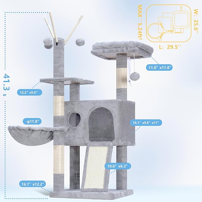 Hey-brother Cat Tree Tower, Scratching Posts with Removable Toys, Cozy Condo, Platform, Hammock, Sisal Scratch Board and Ball for Indoor Kittens, 41.3 Inches, Light Gray MPJ008SW