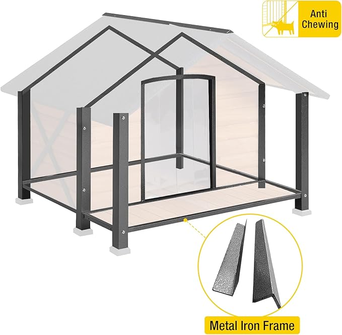 Aivituvin Dog House with Anti-Chewing Metal Frame Outdoor Large Wooden Dog Kennel Outside with Overhang Roof Large Porch Weatherproof