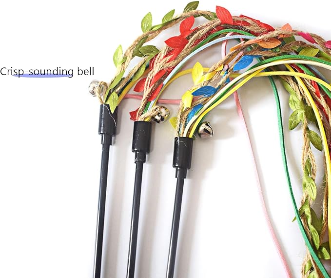 IUHKBH Cat Wands, 3 PCS Colorful Teaser Toy Handcrafted Jungle Wicker Kitten Wands Interactive Cat Toy for Indoor Cats Enrichment, Safe Kitty Toy for All Breed Sizes