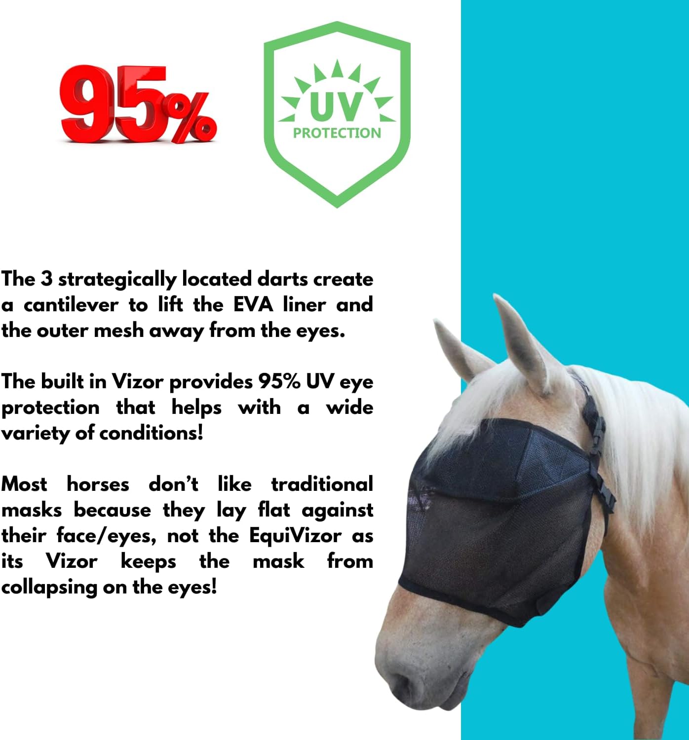 95% UV Eye Protection (Pony) Standard Horse Fly Mask - Help with Uveitis, Corneal Ulcer, Cataract, Light Sensitivity, Cancer. Designed to Stay On Your Horse, Off The Ground!