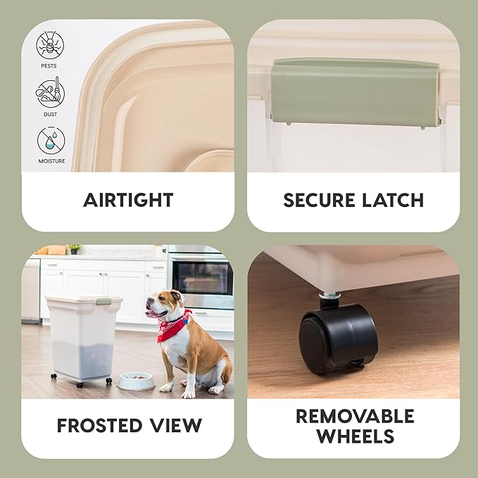 IRIS USA 58 Lbs / 67 Qt WeatherPro Airtight Pet Food Storage Container with Attachable Casters, For Dog Cat Bird and Other Pet Food Storage Bin, Keep Fresh, Translucent Body, Pearl/Almond
