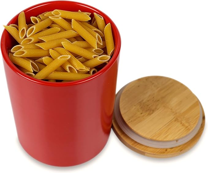 Arthausen Red Ceramic Storage Jar Canister for Flour Sugar - Airtight Bamboo Lid w/Silicone Seal, Spoon - Modern Abstract Art Design for Kitchen Counter Bathroom - 4 cup / 1080mL