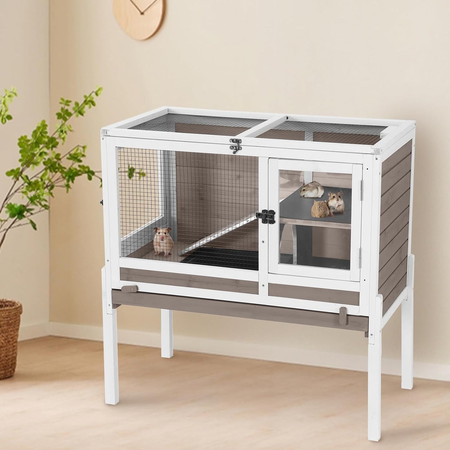 AIVITUVIN Wooden Guinea Pig Cage Indoor with Cooling Plate and Anti-Chewing Edges Two-Story Rabbit Hutch Pull Out Tray Outdoor Rabbit Cage with Raised Stand and Wire Mesh Small Animals Cage (Brown