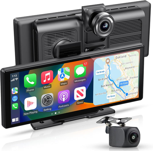 Apple carplay & Android Auto,Wireless Double din 10.26 inch Dash Cam with Front Camera and Backup Camera.GPS Navigation,Mirror Link/Voice Control/Bluetooth for Car RV Pickup Bus Trailer.etc