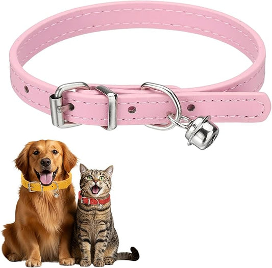 Dog Collar with Bell, Pu Leather Cat Collars Pet Basic Soft Padded Adjustable Buckle, 12" (Pink, 1 Pcs), Intended for Teacup/Little Dog/Kitten Cats/Small Animals
