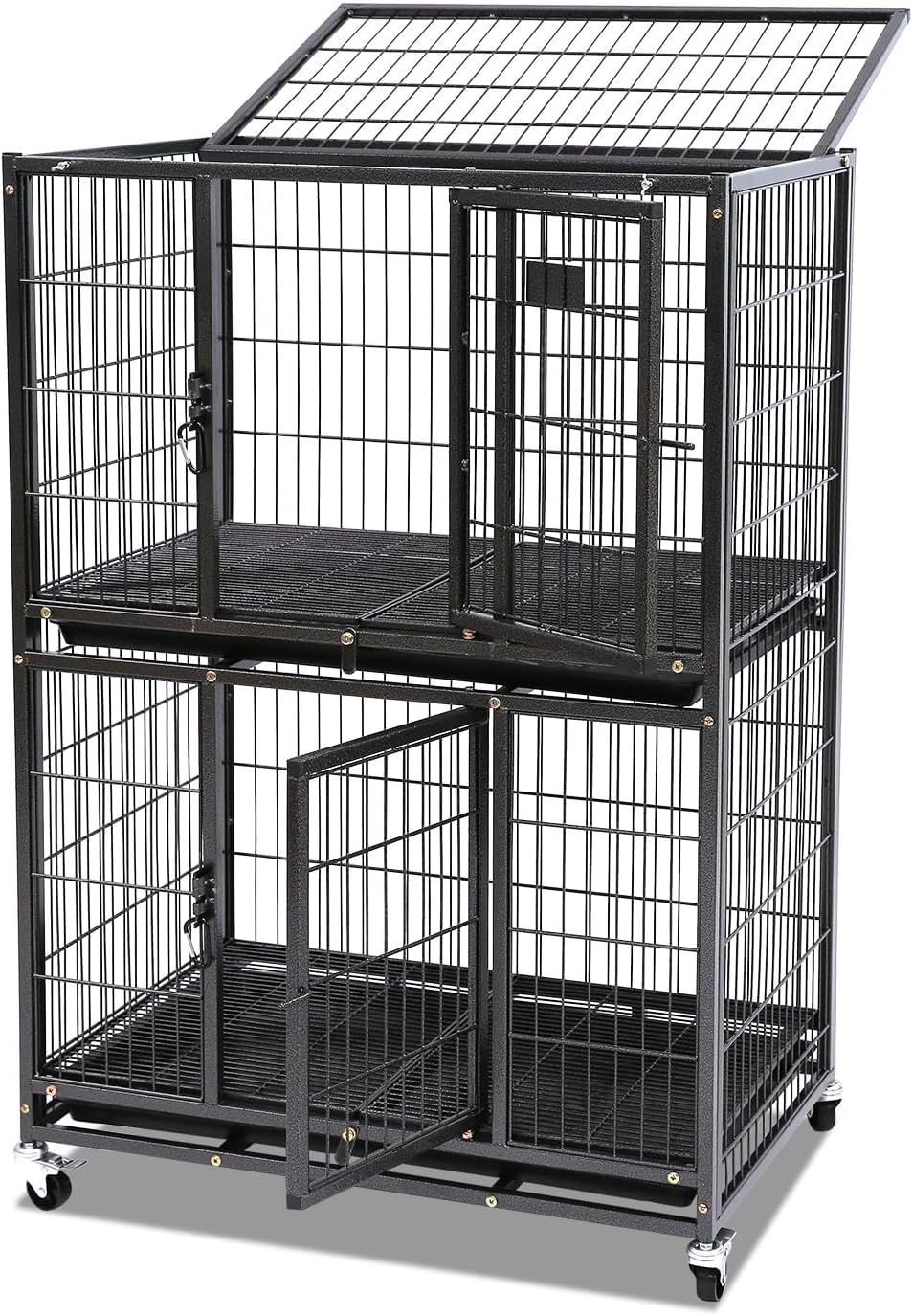 Homey Pet Six Packs 31 Inch Stackable Heavy Duty Dog Crate Cage Kennel with Four Lockable Wheels, Removable Tray, Escape Proof Wire Drop Dog Crates for Small Dogs (Two Tiers)