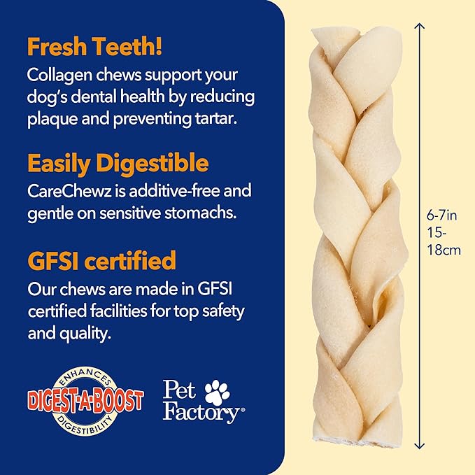 Pet Factory - CareChewz Beef Collagen Dog Treats (Pack of 5, 6-7 inch Skinny Braid Sticks), USA Made Beefhide Dog Chews, Support Joints, Dental Health, Reduce Inflammation & Promote Healthy Coats