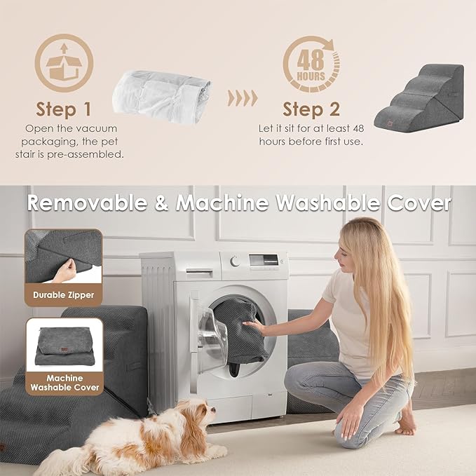 EHEYCIGA Curved Foldable Dog Stairs Ramp for High Beds 19.7" H, 4-Step Dog Steps for Small Dogs and Cats, Pet Stairs for High Bed Climbing, Non-Slip Balanced Pet Step Indoor, Grey