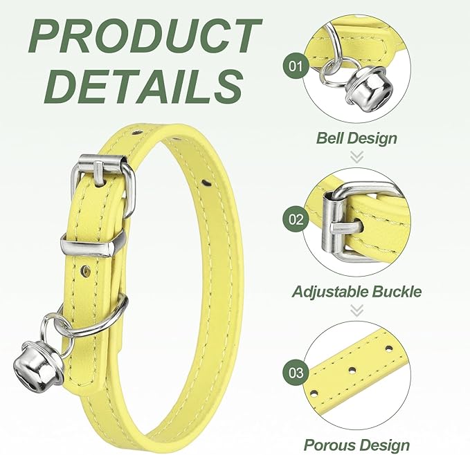 Dog Collar with Bell, Pu Leather Cat Collars Pet Basic Soft Padded Adjustable Buckle, 10" (Yellow, 1 Pcs), Intended for Teacup/Little Dog/Kitten Cats/Small Animals