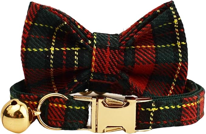 Plaid Polyester Personalized Cat Collar with Name & Owner Phone, Customizable Laser-Engraved, Charming Bell, Metal Buckle for Kittens and Cats - Matching Leash Available (Style-K)