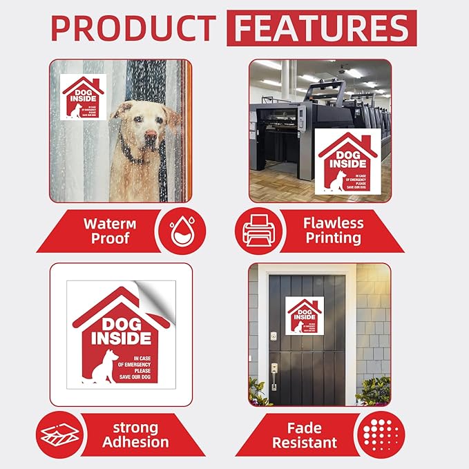 7 Pack Pet Dog Alert Signs Stickers 5x5 Inch Dog Inside Emergency Please Save Our Dog Sign Decal Selignf-Adhesive Vinyl Sign for Ultimate UV, Weather, Scratch, Water and Fade Resistance, Indoor and Outdoor red